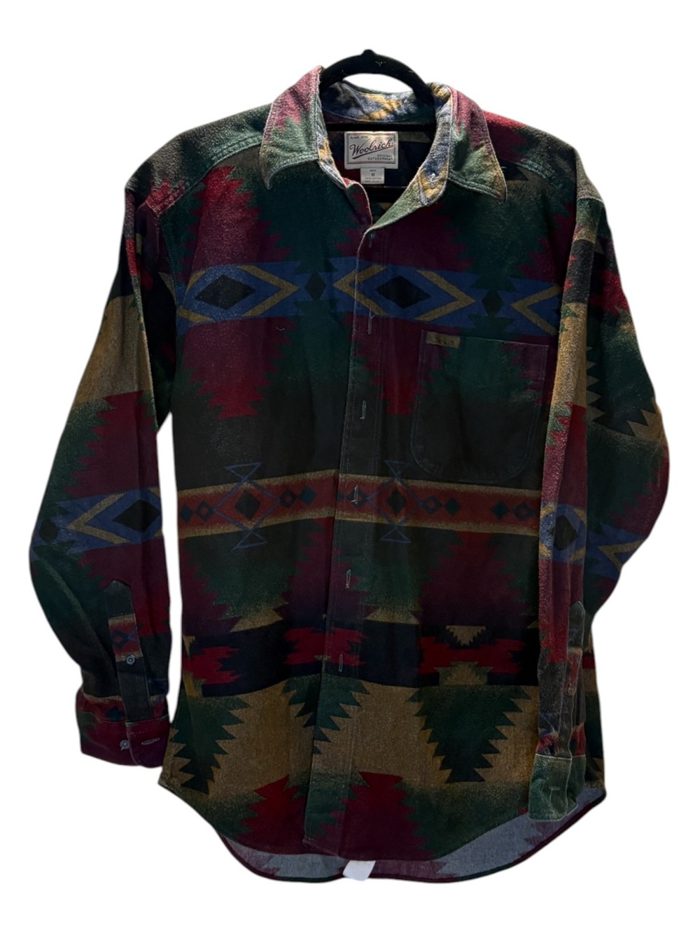 Woolrich Men’s Dark Green, Burgundy & Navy Aztec Button-Down Shirt